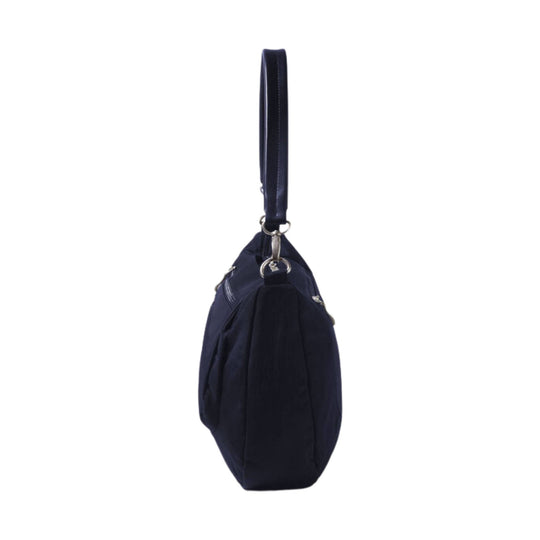Dark navy half-moon shoulder bag shown from the side with a top handle and metal ring hardware