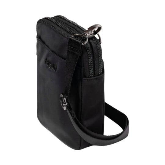 Black zip-top crossbody pouch with a front pocket and adjustable strap