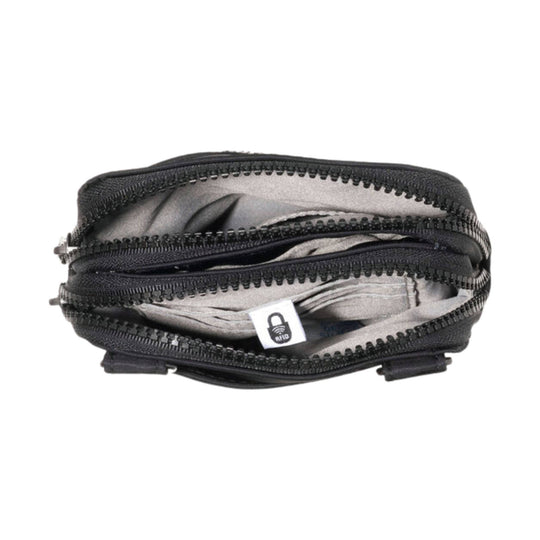 Black zippered crossbody bag with multiple compartments and RFID tag