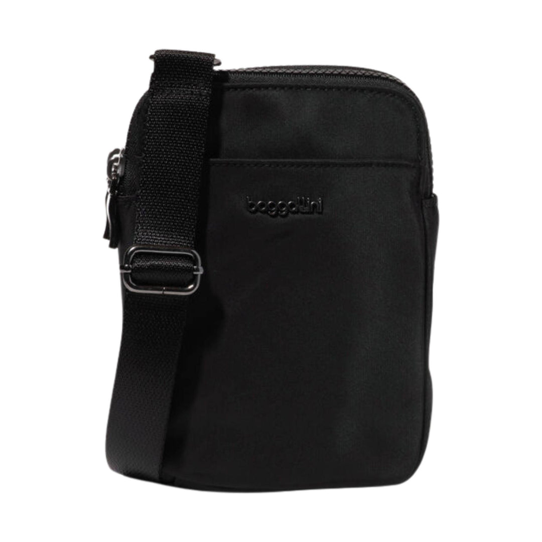 Black nylon crossbody bag with front logo, top zipper, and adjustable shoulder strap