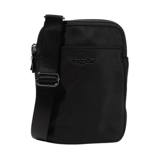 Black nylon crossbody bag with front logo, top zipper, and adjustable shoulder strap