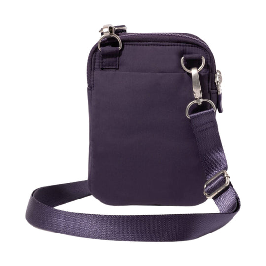 Purple compact crossbody bag with zip top, front pocket, and adjustable strap