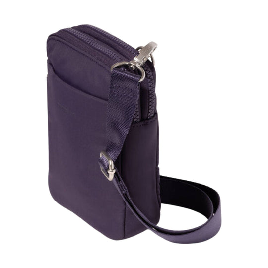 Purple zippered crossbody pouch with adjustable strap