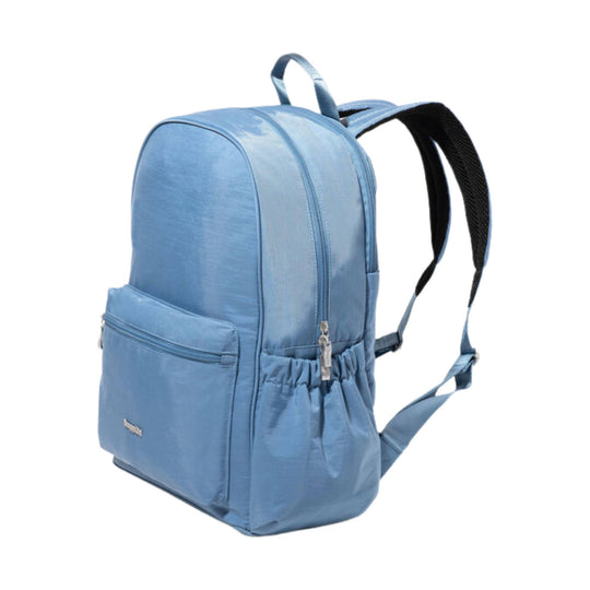 Light blue backpack with front zip pocket, side water bottle pocket, and black padded shoulder straps