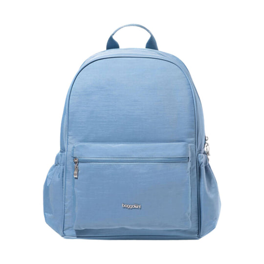 Light blue backpack with front zip pocket, side pockets, and top carry handle