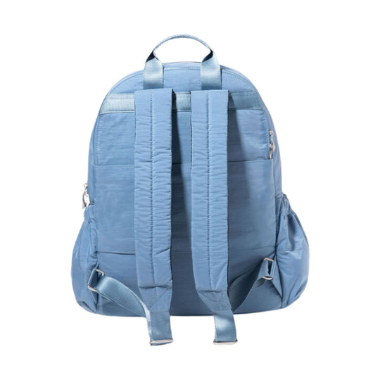 Light blue backpack with top handle, padded shoulder straps, side pockets, and front zip pockets