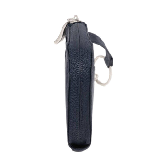 Navy zippered card case with a side clip