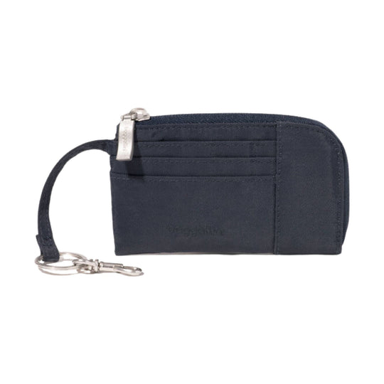 Navy zippered card case with three front card slots, rounded corner, and wrist strap with clip
