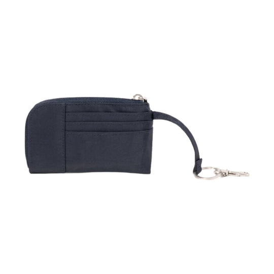 Navy zippered card case with four front card slots, top zipper, and wrist strap