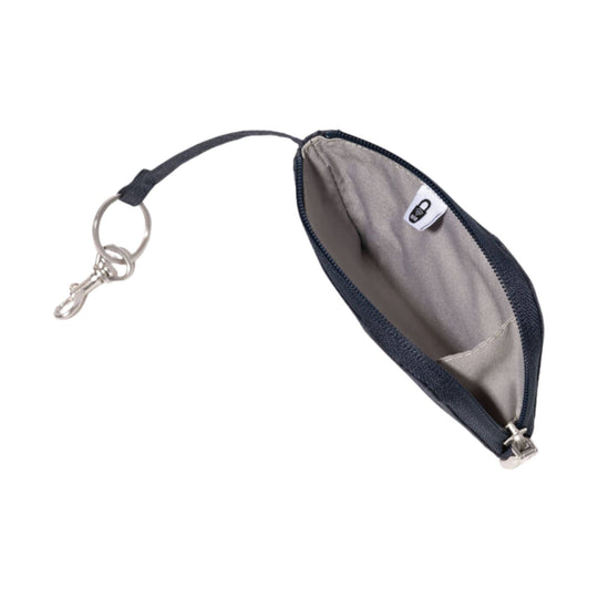 Open zippered card case with key ring clip and wrist strap, showing gray interior and dark navy trim