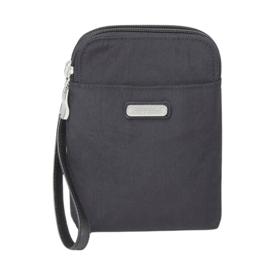 Black zippered wristlet crossbody with front pocket and silver logo plaque