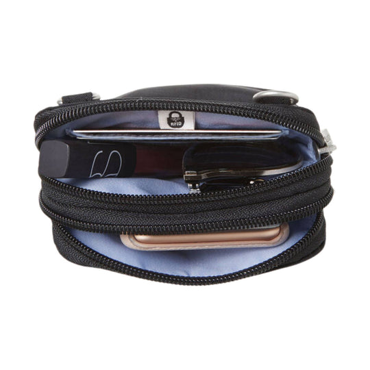 Black zippered crossbody wallet organizer with light blue lining and RFID label, shown open with cards and glasses inside