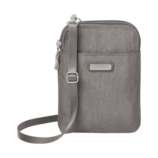 Gray crossbody pouch with front pocket, zip top, and adjustable strap