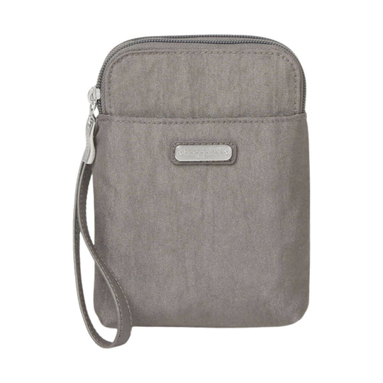 Taupe wristlet crossbody pouch with front pocket, top zipper, and detachable wrist strap