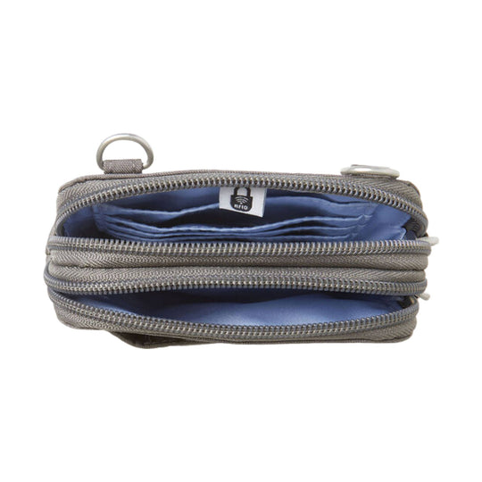 Gray zip-around crossbody bag with blue lining and an RFID tag