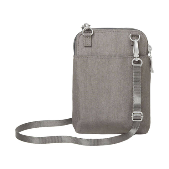 Gray crossbody bag with zipper closure, front strap detail, and adjustable shoulder strap