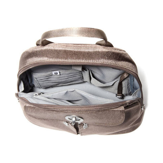 Metallic brown convertible backpack with front zip pocket and top handle, open to reveal light gray interior compartments