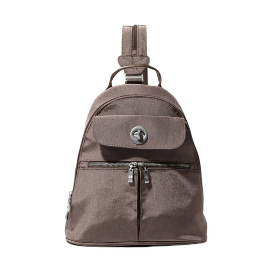 Taupe convertible backpack with front flap pocket, front zipper pocket, and top carrying loop