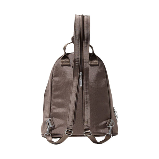 Shiny brown convertible backpack with top handle, front zipper, and detachable shoulder straps