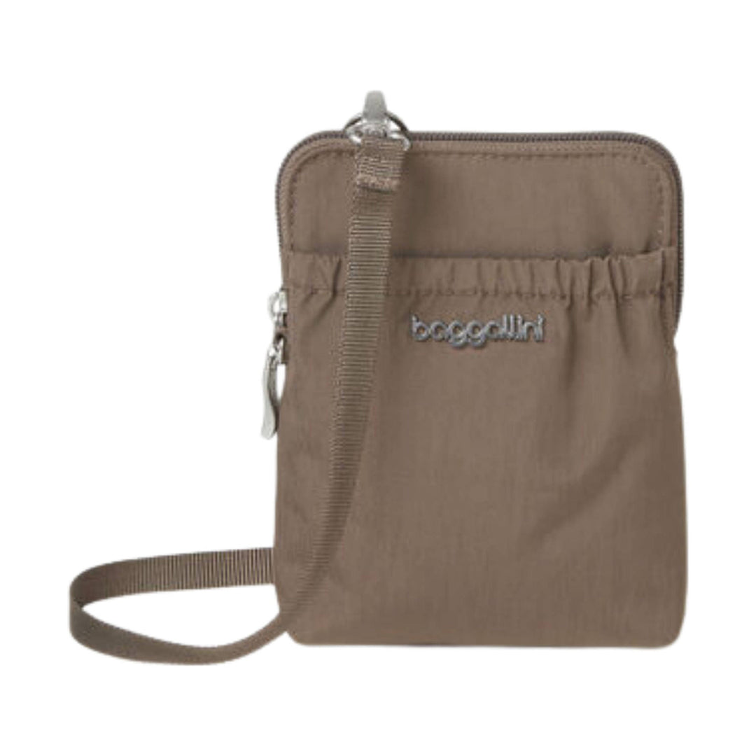 Taupe zip-top pouch with front pocket, adjustable strap, and logo patch