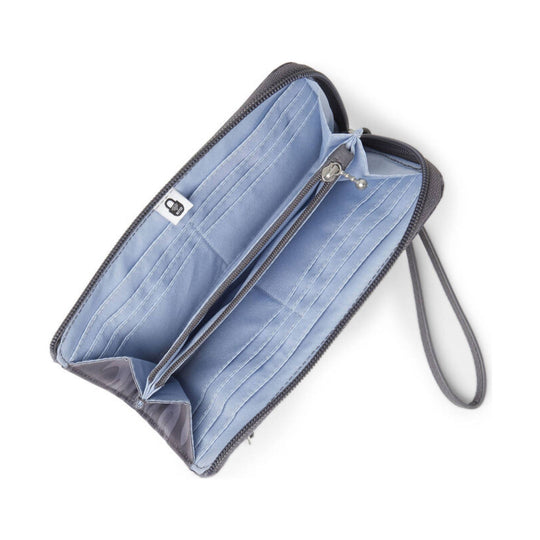 Open light blue zip-around wallet with multiple card slots and wrist strap