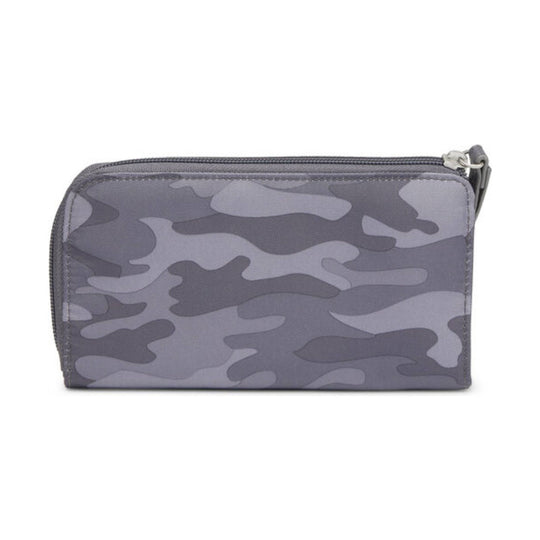 Gray camouflage zip-around wallet with a small wrist strap