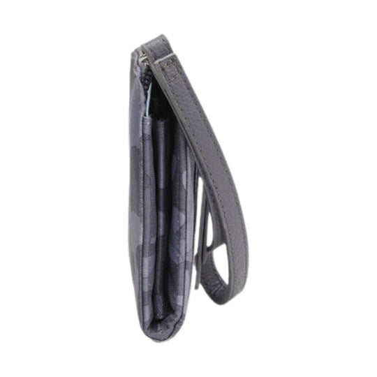 Gray zip-around wallet with a wrist strap, shown in side view