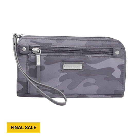 Gray camouflage zip-around wristlet wallet with front zip pocket and wrist strap