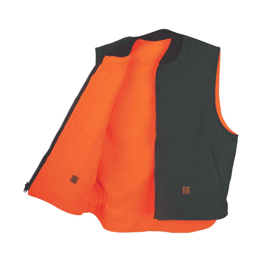 reversible wool vest. Green outside and orange inside. Full zip. On white background. 