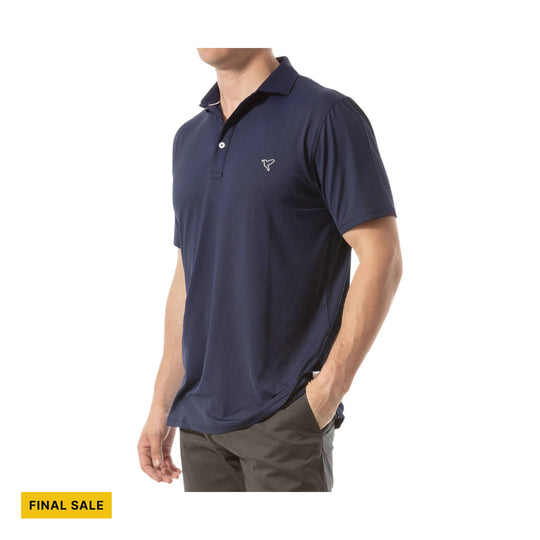 Navy short-sleeve polo shirt with button placket and FINAL SALE badge