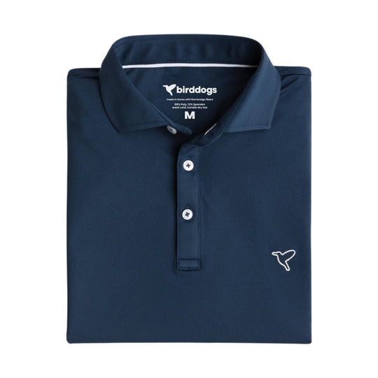 Folded navy long-sleeve polo shirt with button placket and white bird logo