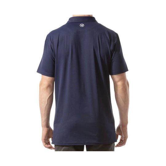 Navy short-sleeve polo shirt shown from the back