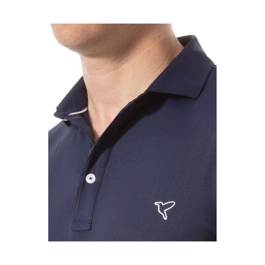 Navy short-sleeve polo shirt with open collar and white embroidered chest logo