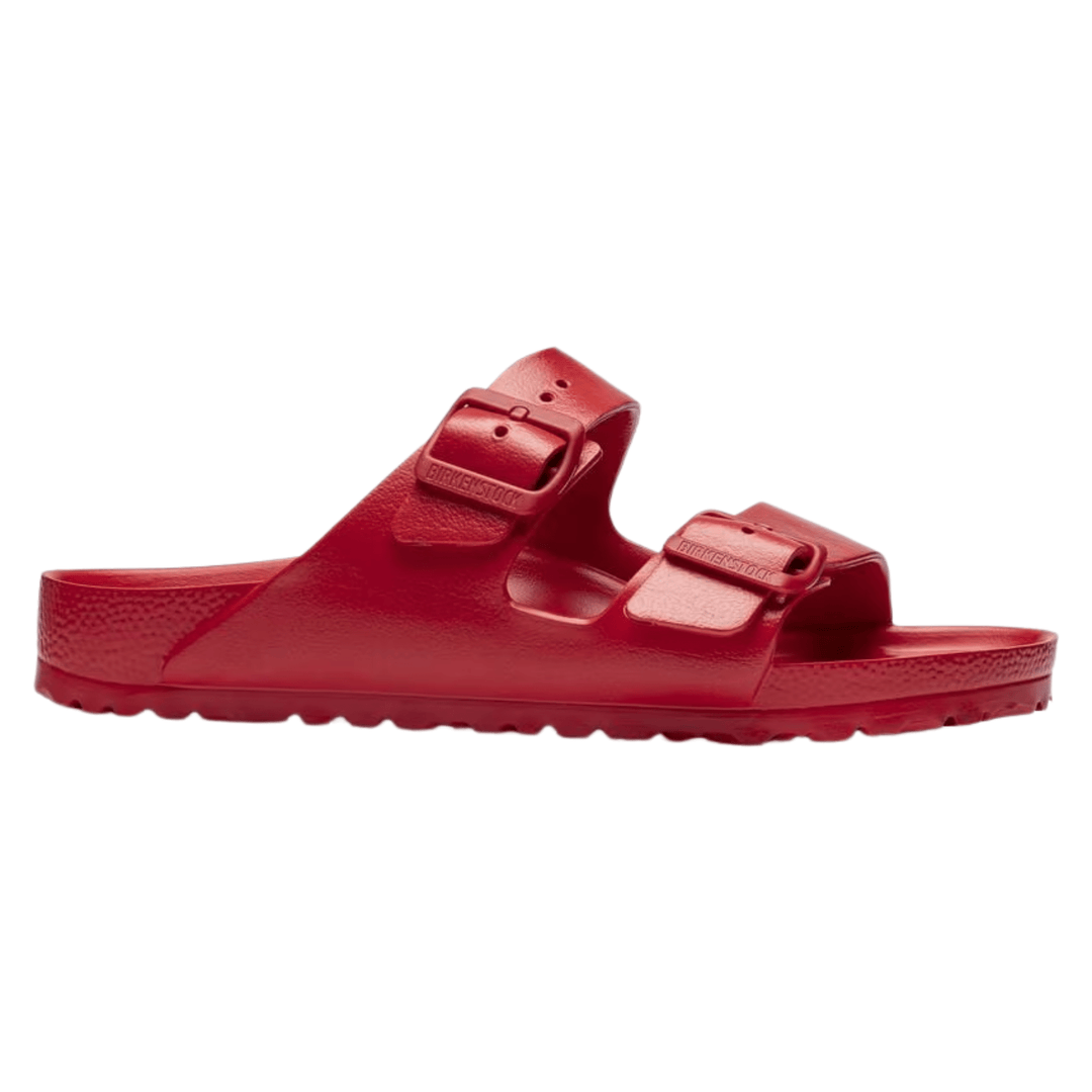 Red two-strap slide sandal with contoured footbed and branded buckles
