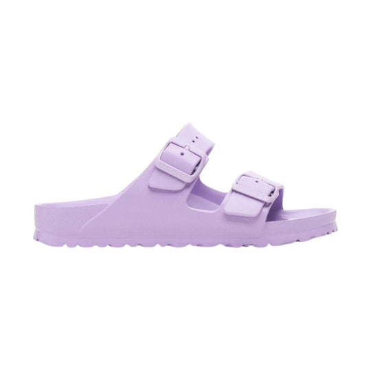 Light lavender two-strap EVA slide sandal with buckle details and contoured footbed