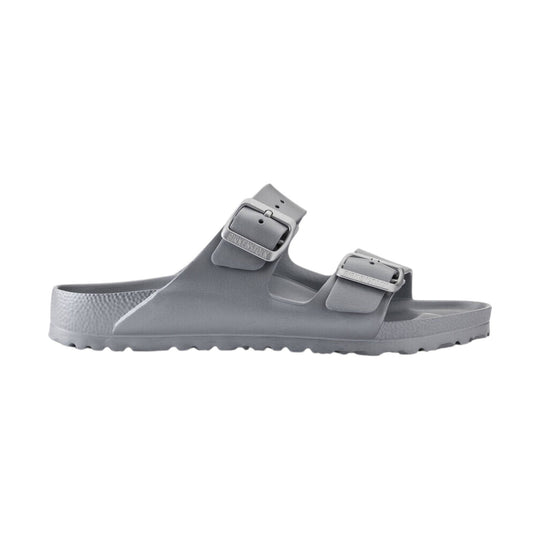 Gray two-strap EVA sandal with adjustable buckles, side cutouts, and a molded footbed