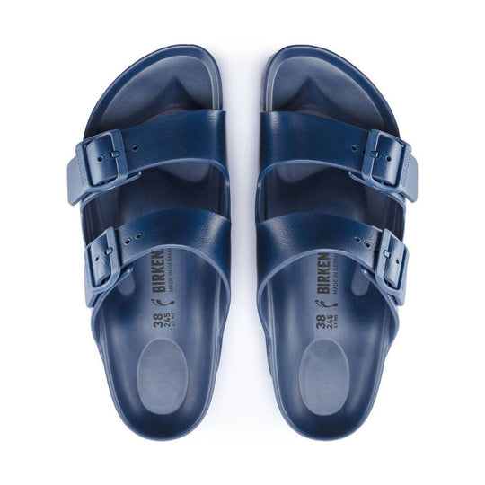 Pair of navy two-strap EVA sandals with buckle details, top view