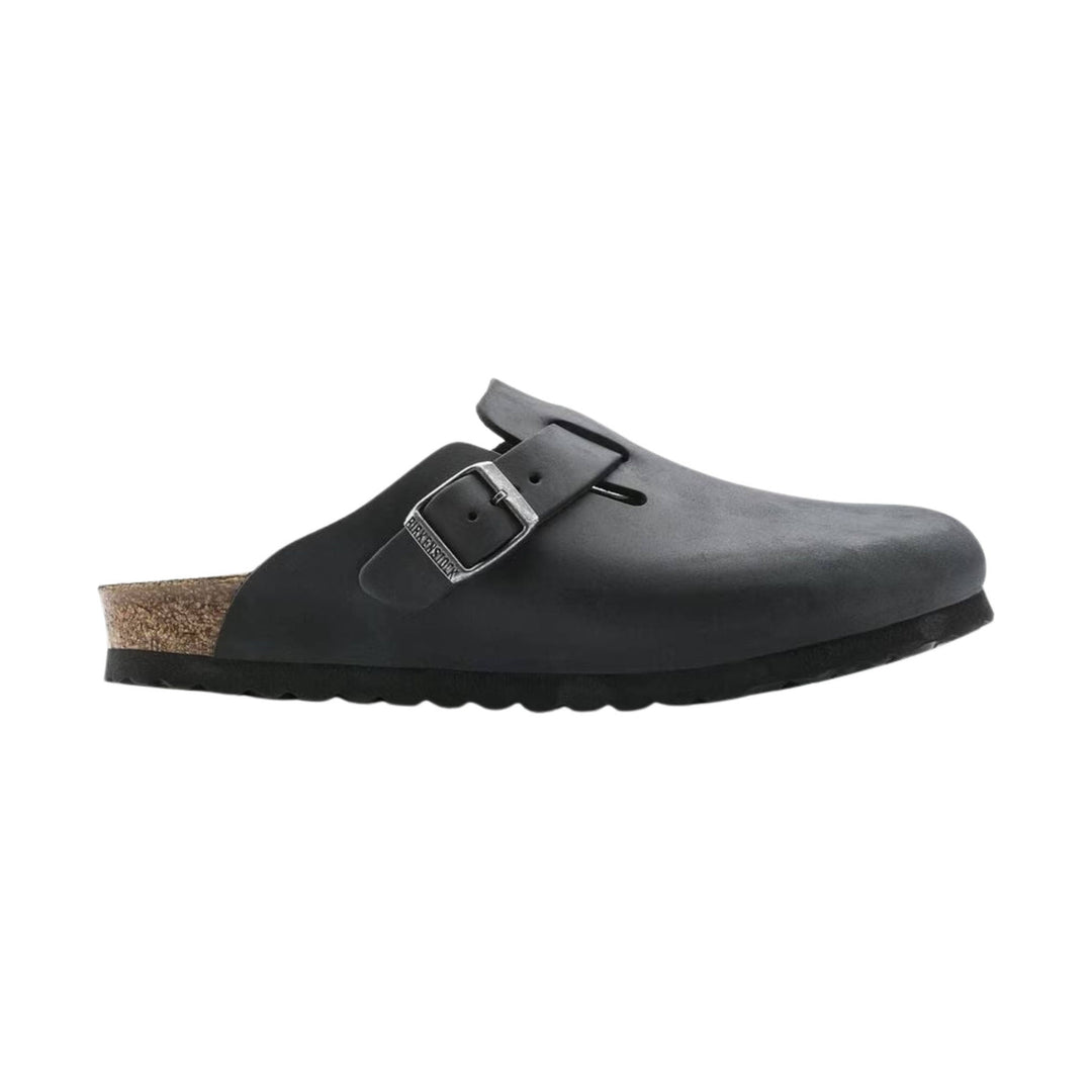 Black closed-back clog with a cork heel and side buckle