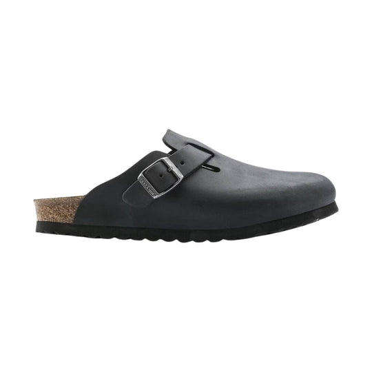 Black closed-back clog with a cork heel and side buckle