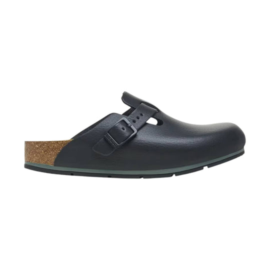Black leather clog with buckle strap and cork heel