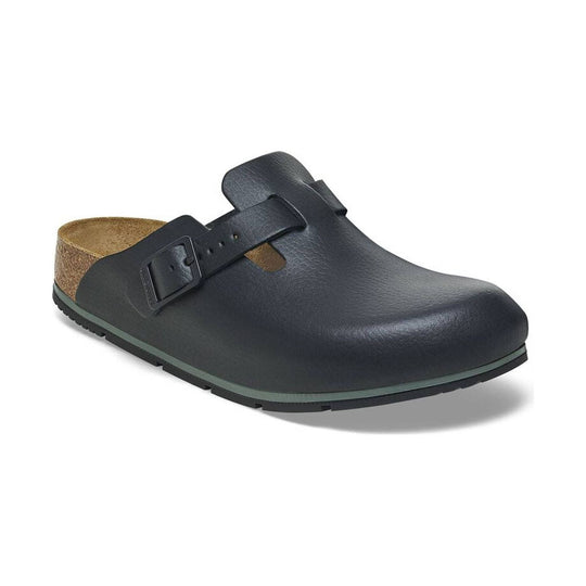 Black leather slip-on clog with buckle strap and cork heel