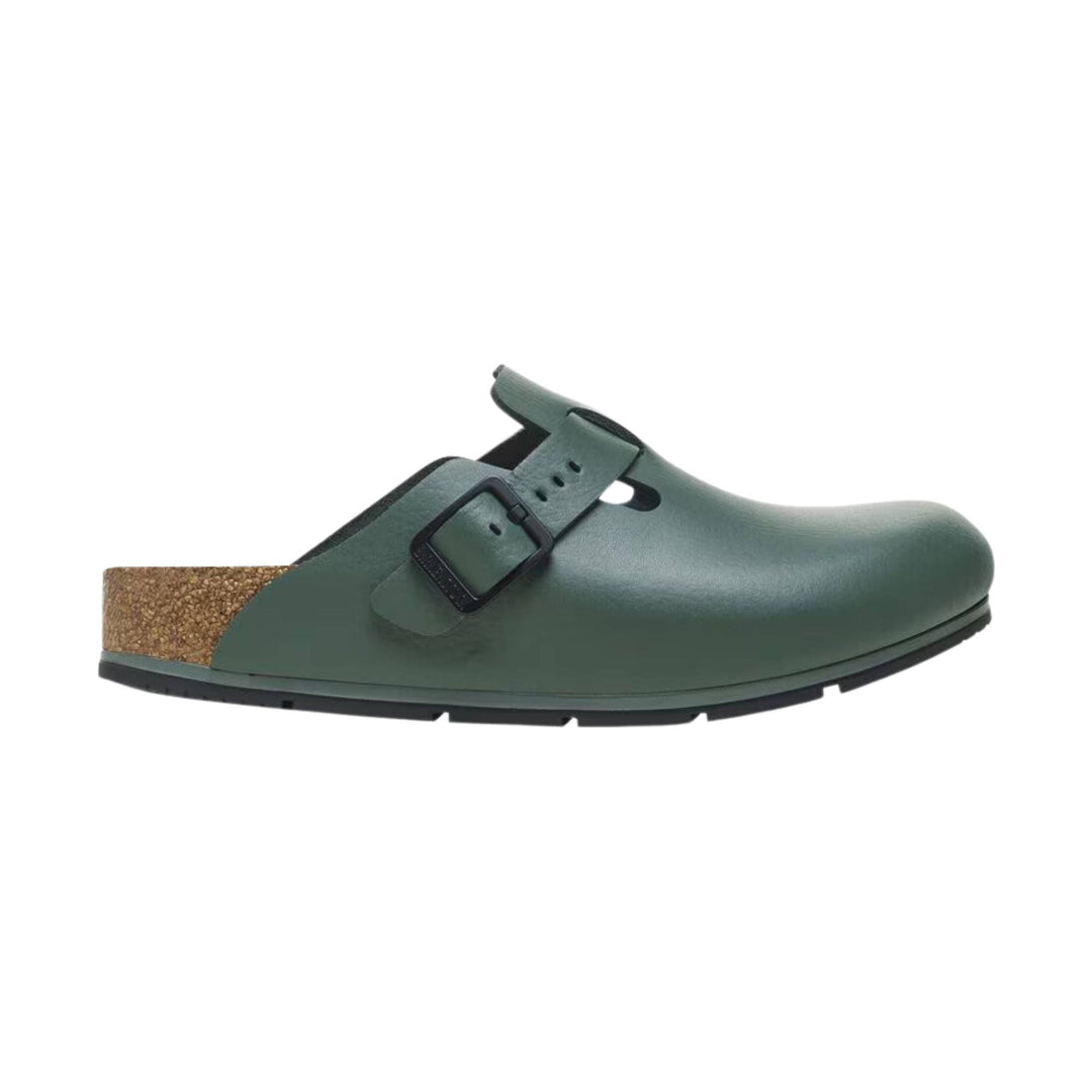 Green leather clog with a buckle strap and cork heel