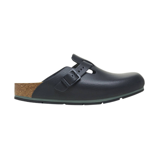 Black slip-on clog with a strap and buckle, cork heel, and rounded toe