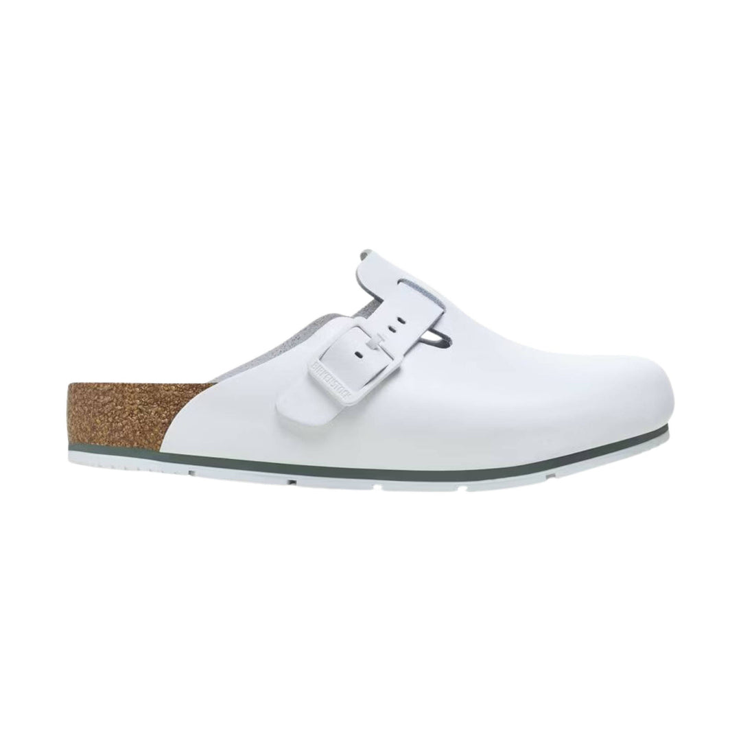 White leather clog with buckle strap and cork heel detail