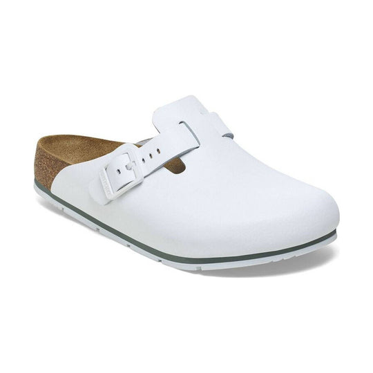 White leather slip-on clog with a buckle strap and cork footbed