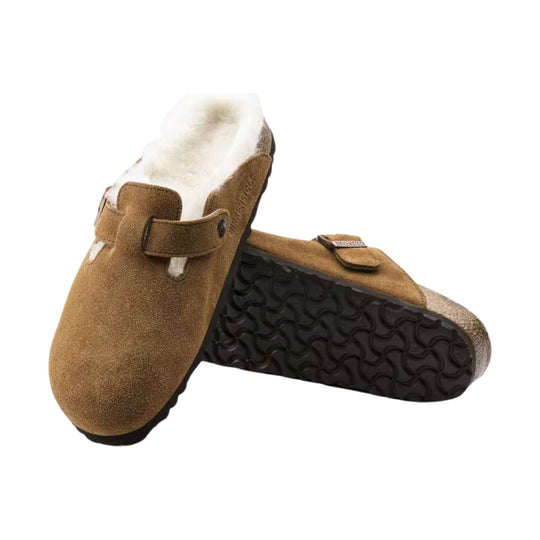 Brown suede clogs with shearling lining and adjustable buckle straps