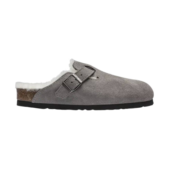 Gray suede clog with a single buckle strap and white shearling lining