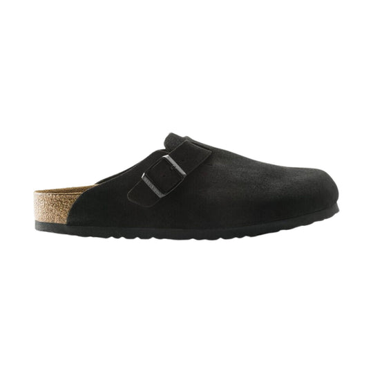 Black suede clog with a buckle strap and cork heel