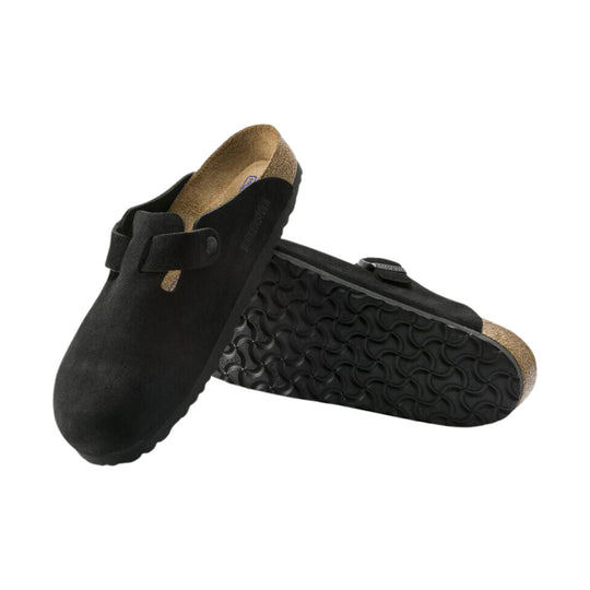 Black suede clog sandals with contoured cork footbeds, shown in side and sole views.
