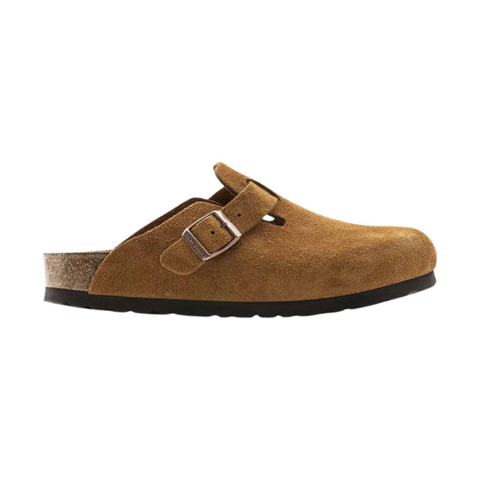 Brown suede clog with a single buckle strap and dark sole, shown in side view